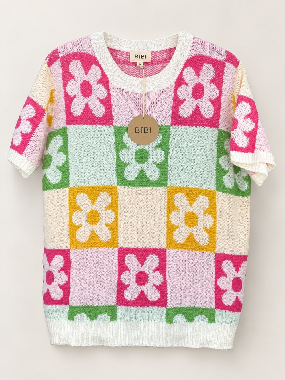 BiBi Womens Large Daisy Checkerboard Knit Sweater Top Floral Colorblock NWOT